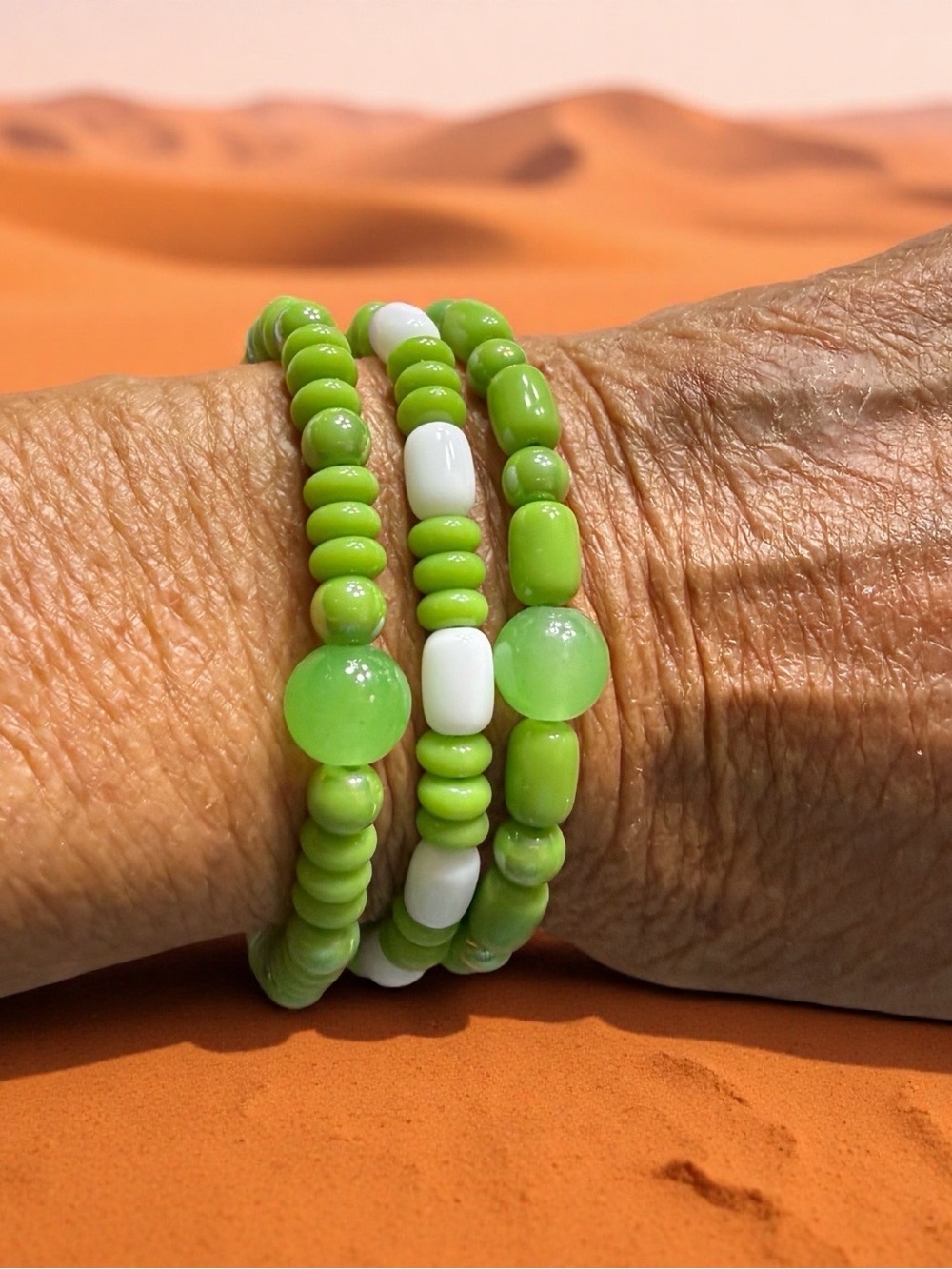 Hand Crafted Lime Green and White Beaded Bracelet Set